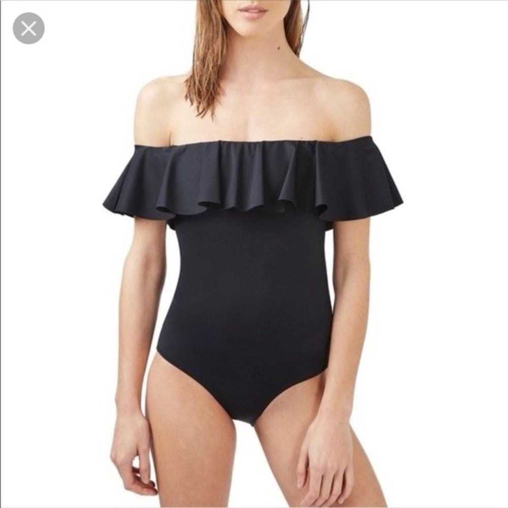 Topshop ruffle shoulder one piece swimsuit black